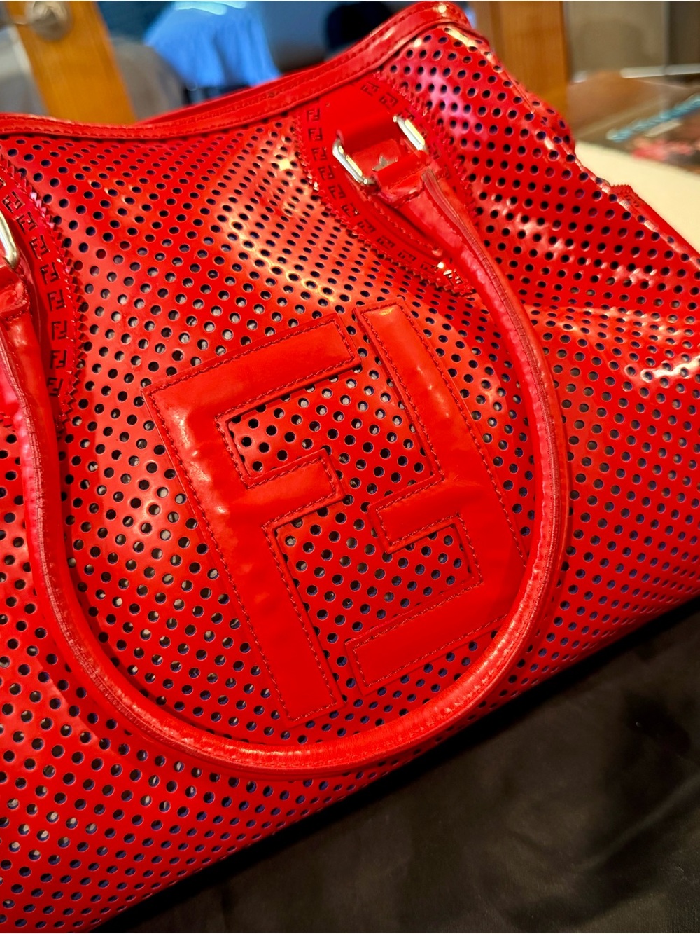 Fendi Red Perforated Leather Tote Bag with Logo
